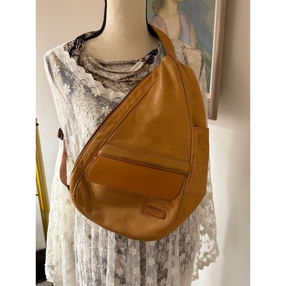 LL Bean Healthy Back Bag Vintage Brown Leather Teardrop Sling Backpack 90s Y2K